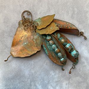 Handmade brooch pea pods verdigris copper
